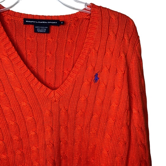 Vintage Ralph Lauren Sport Cable Knit Sweater Medium Orange V-Neck Pullover - Picture 3 of 9